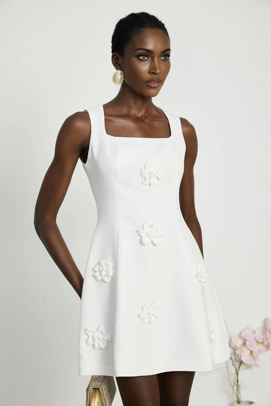 Alessandra White Mini Dress with Faux-Flower Embellishment Square Neck and Flared Skirt Rear Zip Fastening Thigh-Length 79% Polyester 21% Elastane
