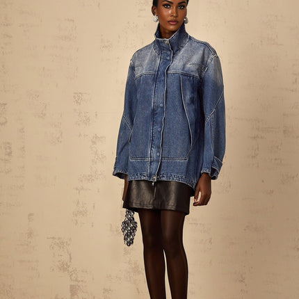 Alessandrina Blue Denim Jacket with Patchwork Design and Stand-Up Collar