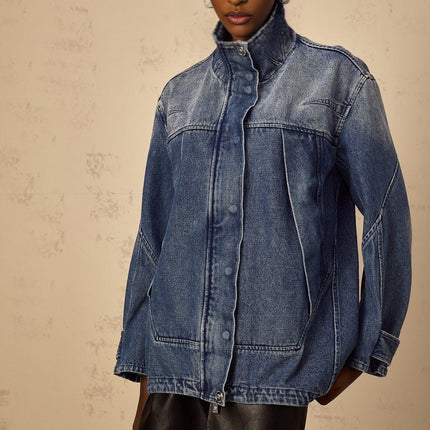 Alessandrina Blue Denim Jacket with Patchwork Design and Stand-Up Collar