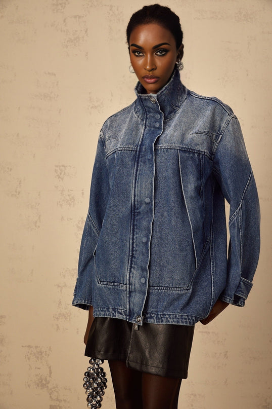 Alessandrina Blue Denim Jacket with Patchwork Design and Stand-Up Collar