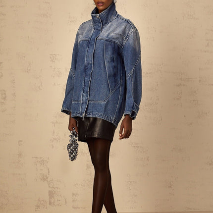 Alessandrina Blue Patchwork Denim Jacket with Stand-Up Collar and Zip Fastening