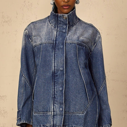 Alessandrina Blue Patchwork Denim Jacket with Stand-up Collar and Zip Fastening