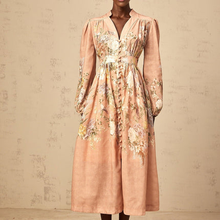 Alessandrina Pink Floral Midi Dress with Long Puff Sleeves and V-Neck