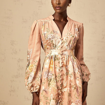 Alessandrina Pink Floral Midi Dress with Puff Sleeves and V-Neck
