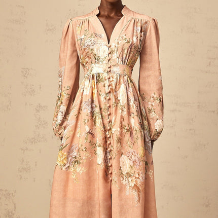 Alessandrina Pink Floral Midi Dress with Puff Sleeves and V-Neck in Mixed Linen Fabric
