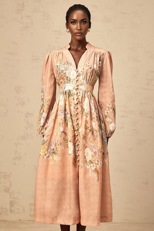 Alessandrina Pink Floral Midi Dress with Puff Sleeves and V-Neck in Mixed Linen Fabric