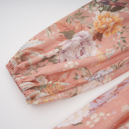 Alessandrina Pink Floral Midi Dress Mixed Linen V-neck Puff Sleeves Cinched Waist Flared Skirt Button Fastening Zip Closure Lined Calf-length