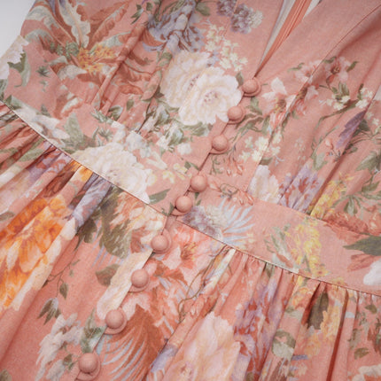 Alessandrina Pink Floral Midi Dress with V-Neck and Puff Sleeves