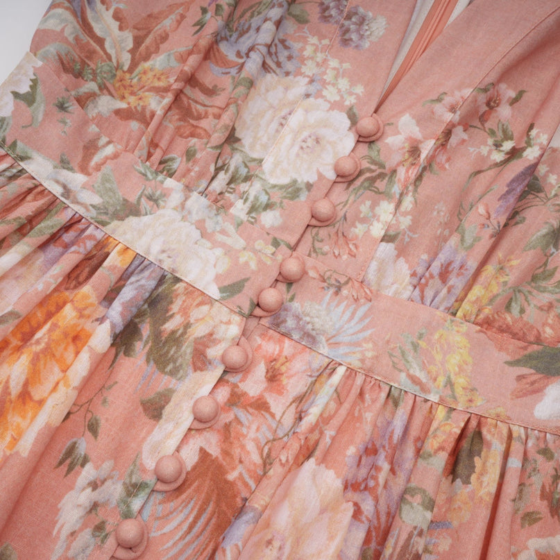 Alessandrina Pink Floral Midi Dress with V-Neck and Puff Sleeves