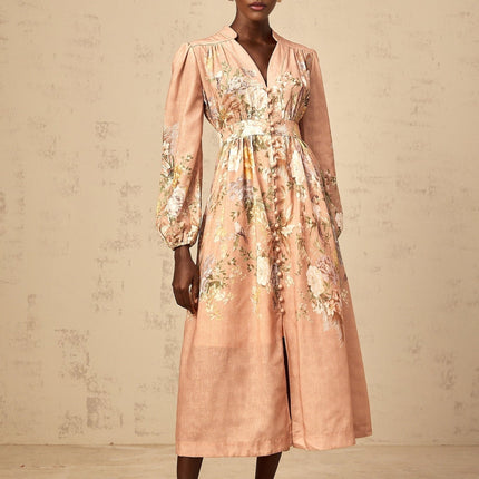 Alessandrina Pink Floral Midi Dress with Puff Sleeves and V-Neck