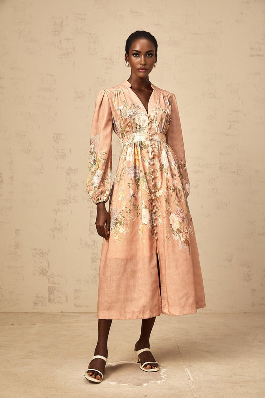 Alessandrina Pink Floral Midi Dress with Puff Sleeves and V-Neck