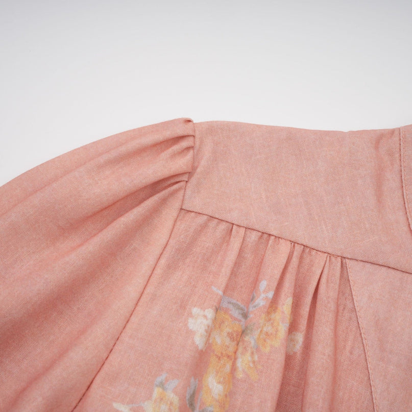 Alessandrina Pink Multicolor Floral Print Linen Midi Dress with V-Neck and Puff Sleeves