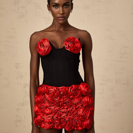 Alessandrina Red & Black Skirt Top Set Matching Outfit Rayon Nylon Spandex Rose Applique Sweetheart Neckline Straight Hem Rear Zip Fastening