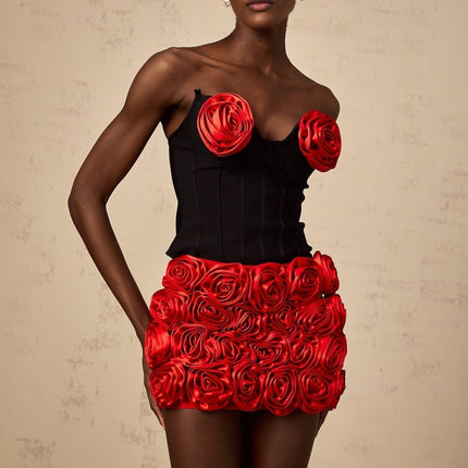 Alessandrina Red & Black Skirt Top Set Matching Outfit with Rose Appliqué