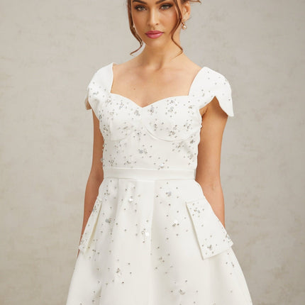 Alessandrina White Mini Dress Sweetheart Neck Cap Sleeves Bustier Rhinestone Embellishment Flounce Hem Rear Zip Fastening Thigh Length Terylene