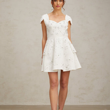 Alessandrina White Mini Dress Sweetheart Neck Cap Sleeves Bustier Rhinestone Embellishment Flounce Hem Rear Zip Fastening Thigh Length Terylene