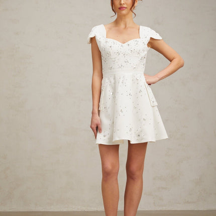 Alessandrina White Mini Dress Sweetheart Neck Cap Sleeves Bustier Rhinestone Embellishment Flounce Hem Rear Zip Fastening Thigh Length 100% Terylene