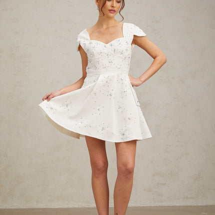 Alessandrina White Mini Dress Sweetheart Neck Cap Sleeves Bustier Rhinestone Embellishment Flounce Hem Rear Zip Fastening Thigh Length Terylene