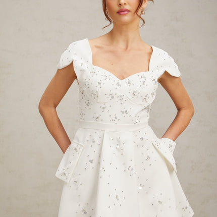 Alessandrina White Mini Dress Sweetheart Neck Cap Sleeves Bustier Rhinestone Embellishment Flounce Hem Rear Zip Fastening Thigh Length Terylene