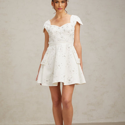 Alessandrina White Mini Dress Sweetheart Neck Cap Sleeves Bustier Rhinestone Embellishment Flounce Hem Rear Zip Fastening Thigh Length Terylene