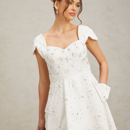 Alessandrina White Mini Dress Sweetheart Neck Cap Sleeves Bustier Rhinestone Embellishment Flounce Hem Rear Zip Fastening Thigh Length Terylene