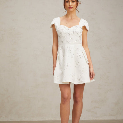 Alessandrina White Mini Dress with Sweetheart Neck and Rhinestone Embellishment