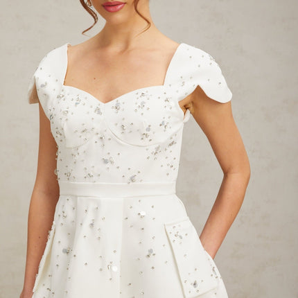 Alessandrina White Mini Dress Sweetheart Neck Cap Sleeves Bustier Style Rhinestone Embellishment Flounce Hem Rear Zip Fastening Thigh Length Terylene Fabric