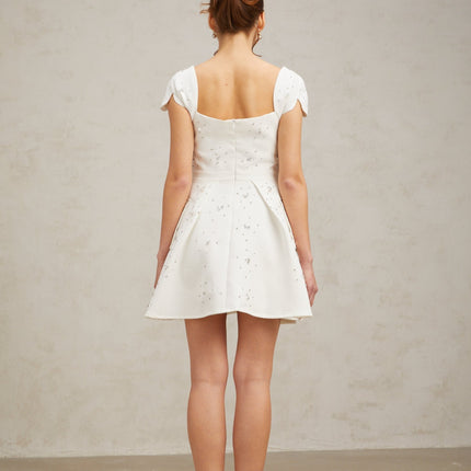 Alessandrina White Rhinestone Bustier Mini Dress with Flounce Hem Cap Sleeves Sweetheart Neck Rear Zip Fastening Thigh Length 100% Terylene