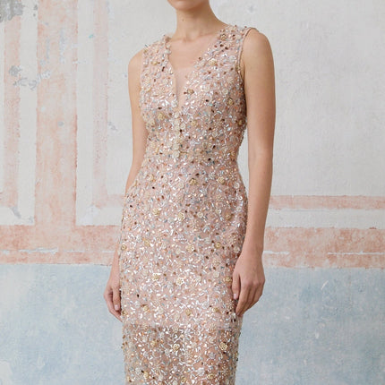 Alessia Pink Sequin Flower Bead Detail Fitted Silhouette Midi Dress