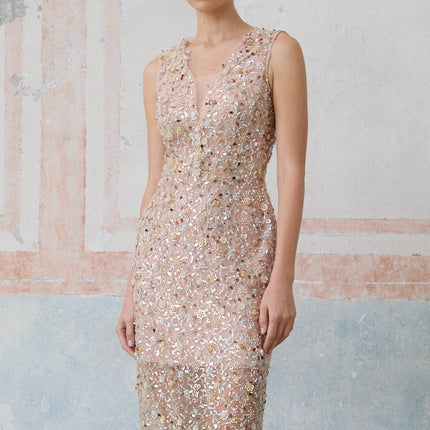 Alessia Pink Sequin Flower Bead Detail Fitted Silhouette Midi Dress