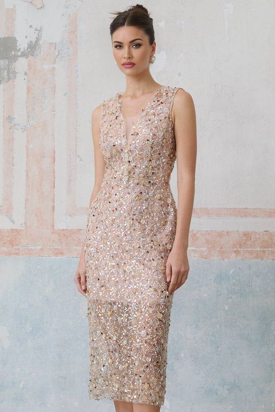 Alessia Pink Sequin Flower Bead Detail Fitted Silhouette Midi Dress