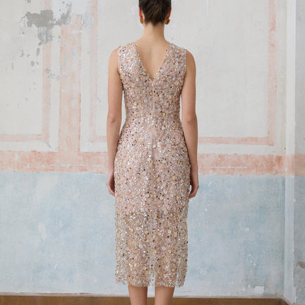 Alessia Pink Sequin Flower Bead Detail Fitted Silhouette V-neck Sleeveless Midi Dress
