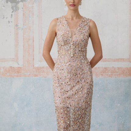 Alessia Pink Sequin Flower Bead Detail Fitted Silhouette V-neck Sleeveless Midi Dress