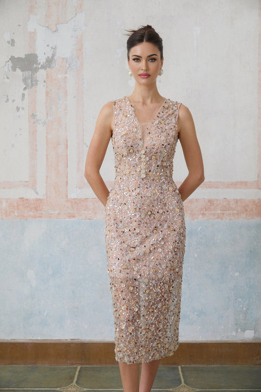Alessia Pink Sequin Flower Bead Detail Fitted Silhouette V-neck Sleeveless Midi Dress