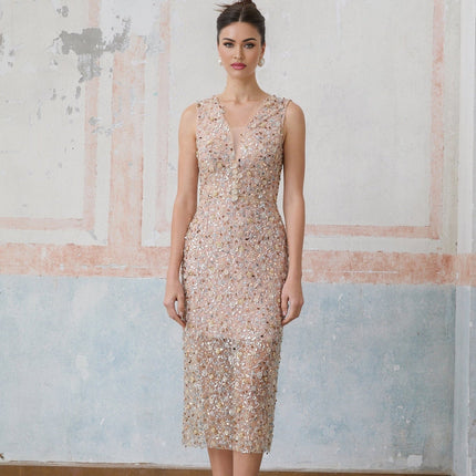 Alessia Pink Sequin Flower Bead Detail Fitted Silhouette V-neck Sleeveless Midi Dress