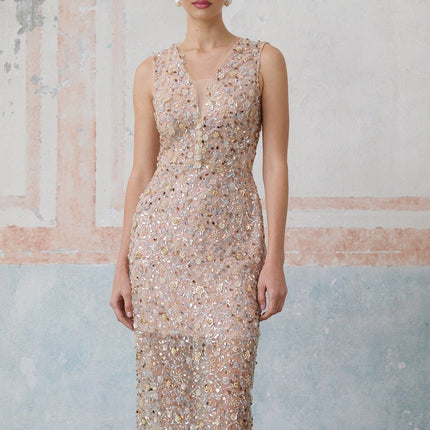 Alessia Pink Sequin Flower Bead Detail Fitted Silhouette V-neck Sleeveless Midi Dress
