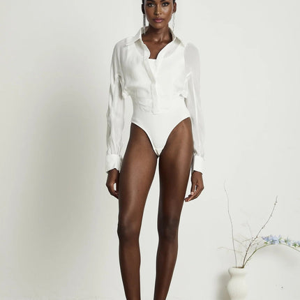 Alessia White Cotton Bodysuit Lapels Scoop Back Boned Detailing Long Sleeves Buttoned Cuffs Front Button Fastening
