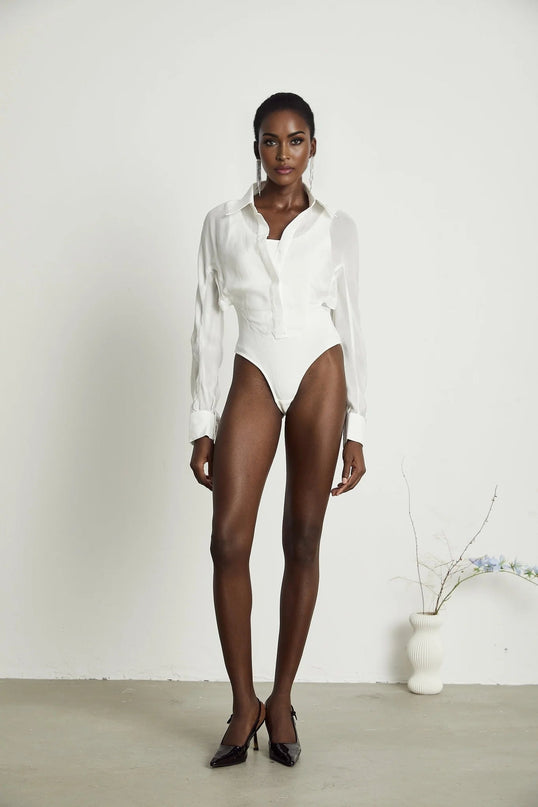 Alessia White Cotton Bodysuit Lapels Scoop Back Boned Detailing Long Sleeves Buttoned Cuffs Front Button Fastening