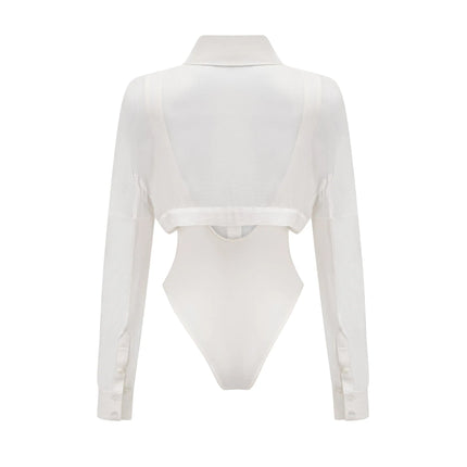 Alessia White Cotton Bodysuit with Lapels and Scoop Back Design