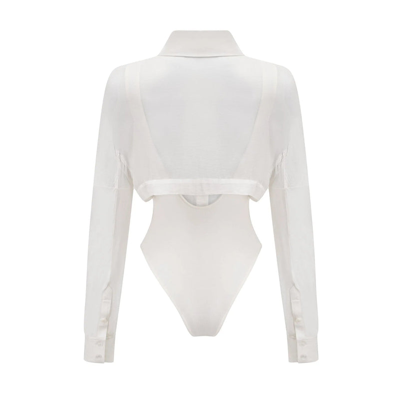Alessia White Cotton Bodysuit with Lapels and Scoop Back Design