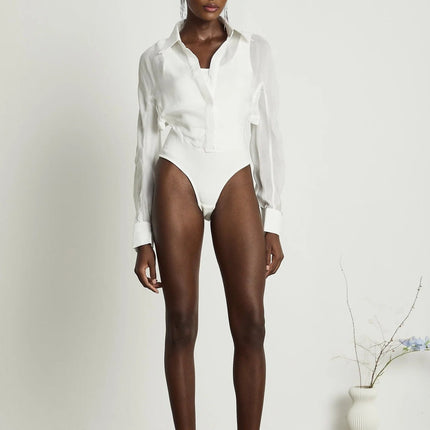 Alessia White Cotton Bodysuit with Lapels and Scoop Back Design