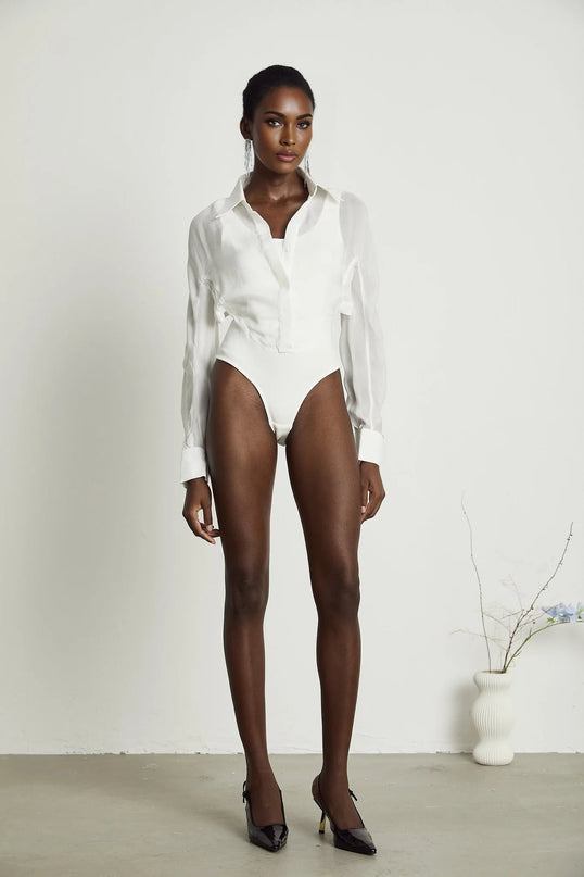Alessia White Cotton Bodysuit with Lapels and Scoop Back Design