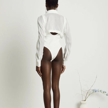 Alessia White Cotton Bodysuit with Lapels and Scoop Back