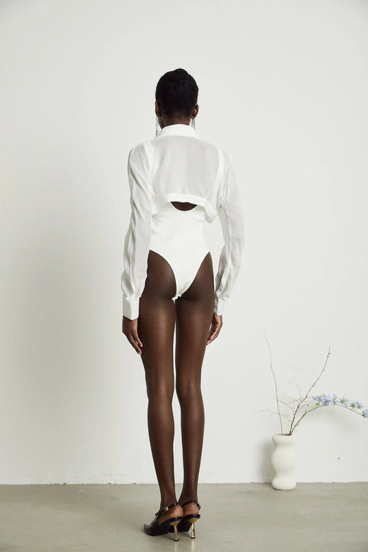Alessia White Cotton Bodysuit with Lapels and Scoop Back