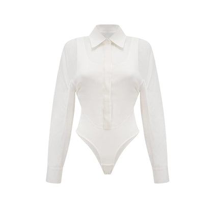 Alessia White Cotton Bodysuit Lapels Scoop Back Long Sleeves Buttoned Cuffs