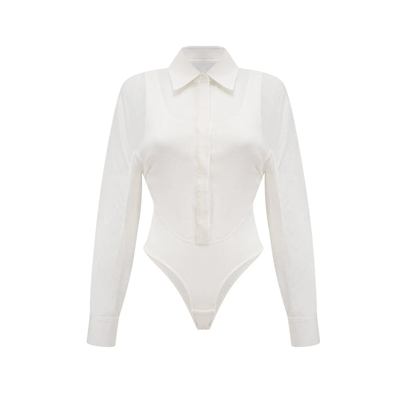 Alessia White Cotton Bodysuit Lapels Scoop Back Long Sleeves Buttoned Cuffs