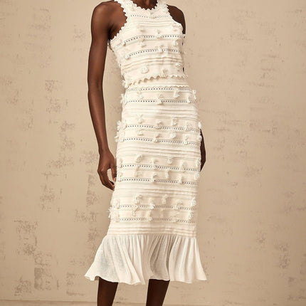 Alessia White Knitted Skirt Top Set with Pointelle Trim and Ruffled Hem