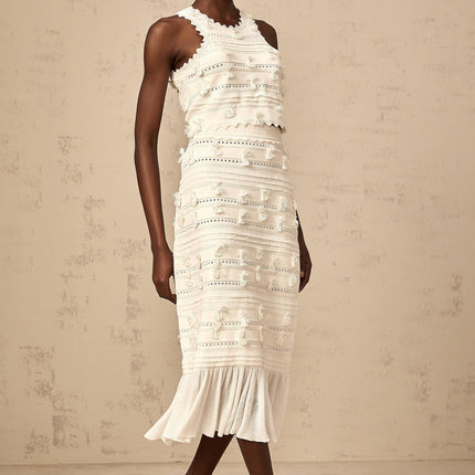 Alessia White Knitted Skirt Top Set Pointelle Trim Ruffled Hem Pleated Fringed Detailing Viscose Nylon Spandex