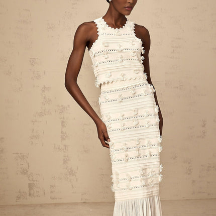 Alessia White Knitted Skirt and Top Set with Pointelle Trim and Ruffled Hem