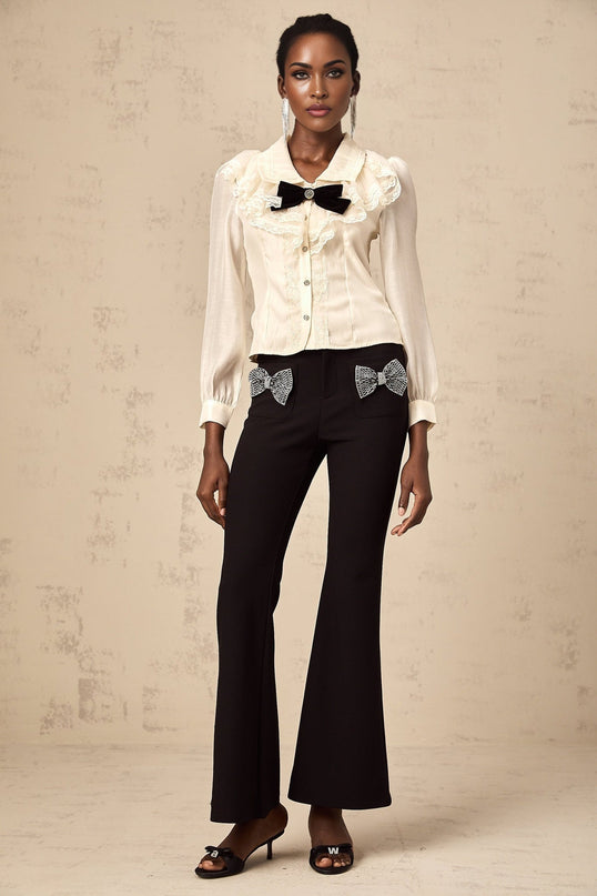 Alessia white shirt with bowknot and lace trim detail at neckline